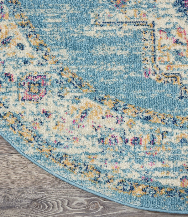 4’ Round Light Blue Distressed Medallion Area Rug