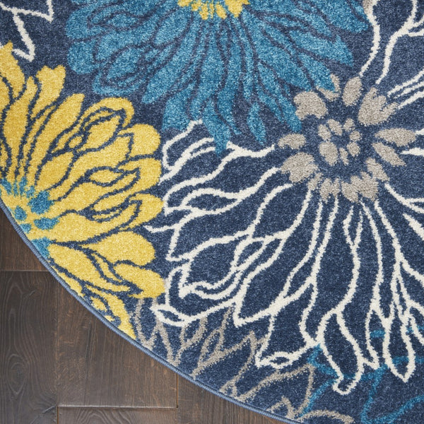 5’ Round Blue Tropical Flower Area Rug