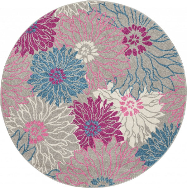 4’ Round Gray and Pink Tropical Flower Area Rug