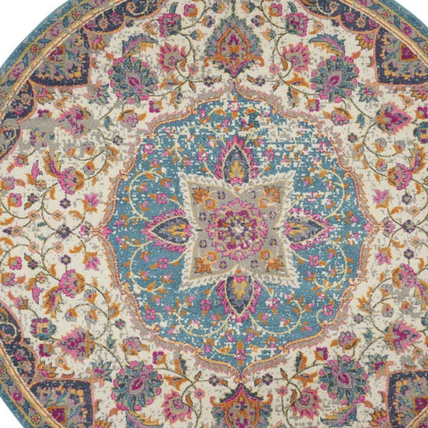 5’ Round Pink and Blue Floral Medallion Area Rug