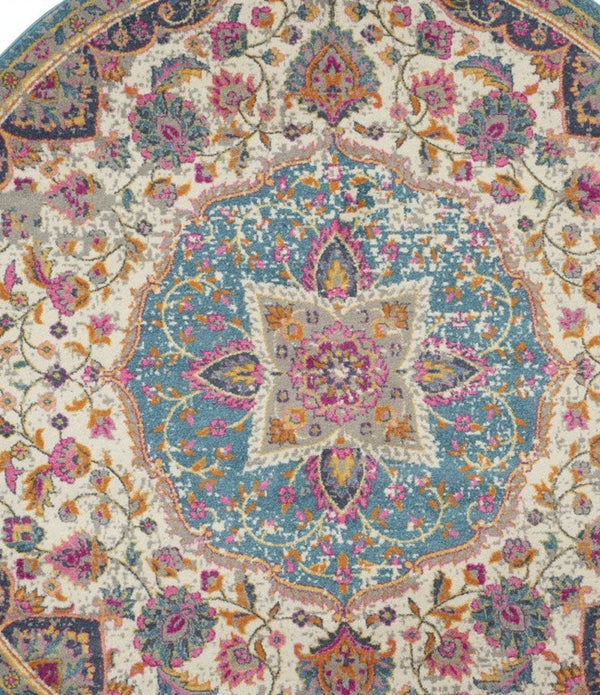 5’ Round Pink and Blue Floral Medallion Area Rug