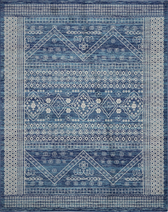 8’ x 10’ Navy Blue and Ivory Persian Motifs Area Rug