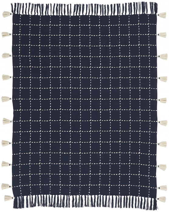 Navy and White Stitched Square Pattern Cotton Throw Blanket