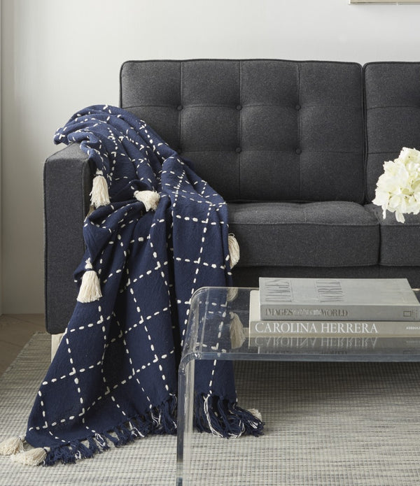 Navy and White Stitched Square Pattern Cotton Throw Blanket