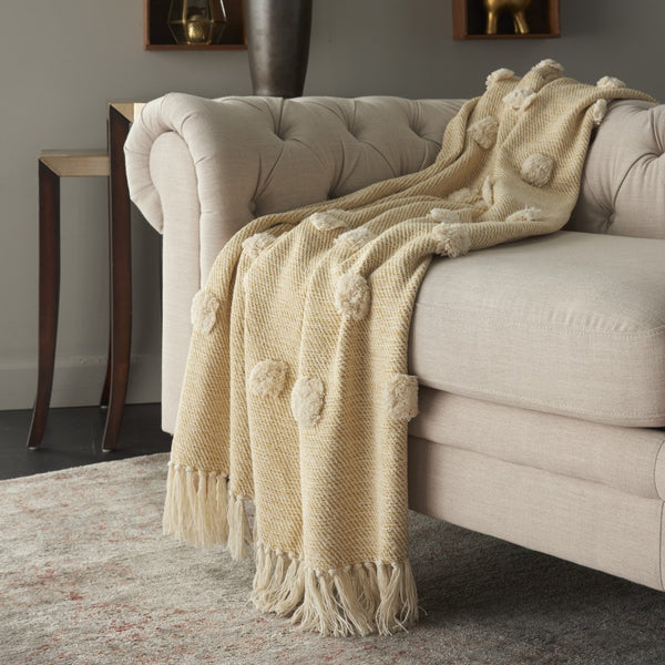 Golden Wheat and Ivory Big Pom Boho Cotton Throw Blanket