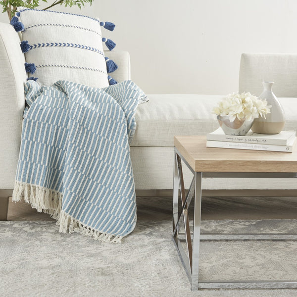 Soft Blue and White Lines Handcrafted Throw Blanket