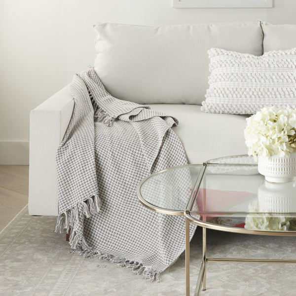 Gray and White Herringbone Stitch Embroidered Throw Blanket