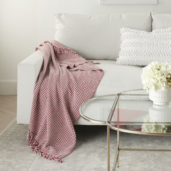 Red and White Herringbone Stitch Embroidered Throw Blanket