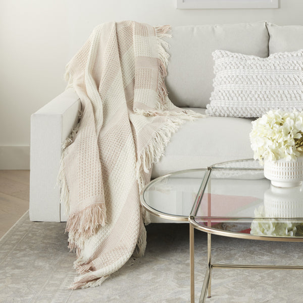 Blush Waffle Weave Contemporary Cotton Embroidered Throw Blanket