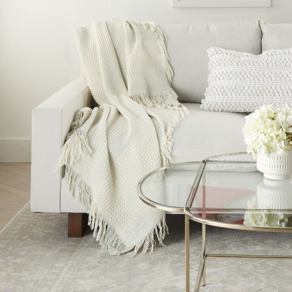 White Waffle Weave Contemporary Cotton Embroidered Throw Blanket