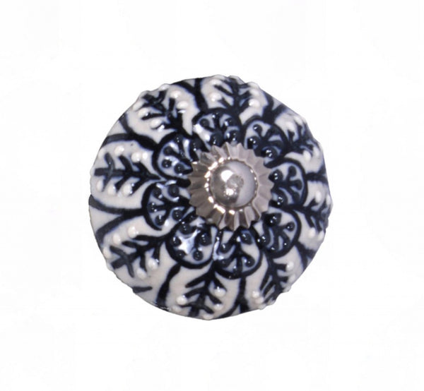 Set of 12 Vintage Black and White Floral Ceramic Knobs