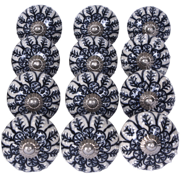 Set of 12 Vintage Black and White Floral Ceramic Knobs