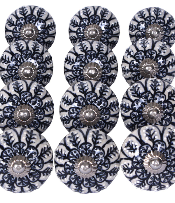 Set of 12 Vintage Black and White Floral Ceramic Knobs