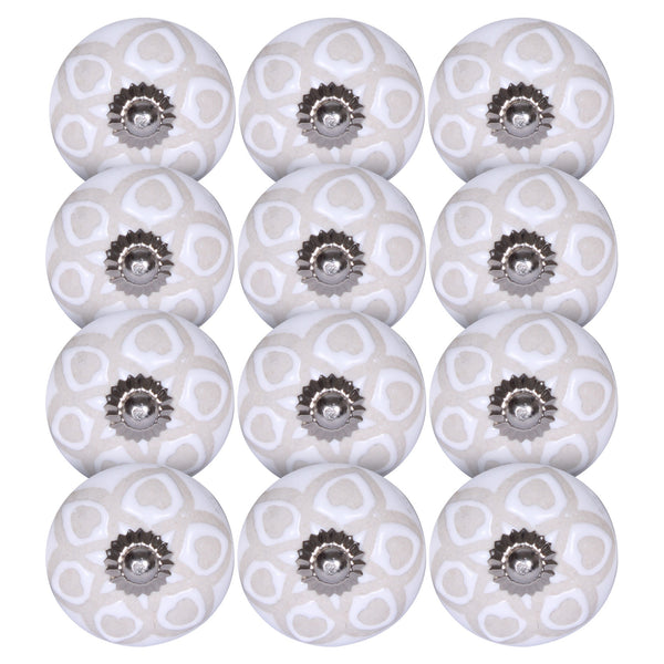 Set of 12 Vintage White and Beige Circles Ceramic Knobs