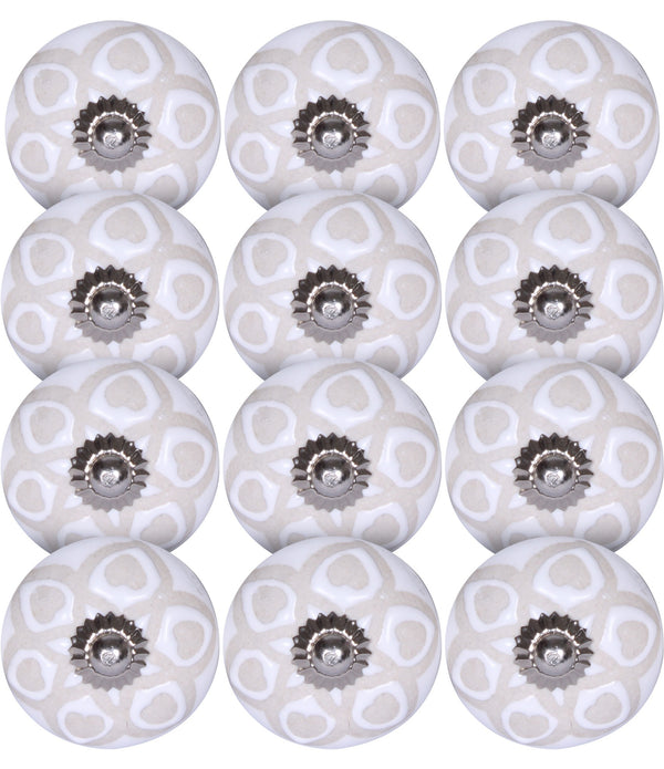 Set of 12 Vintage White and Beige Circles Ceramic Knobs