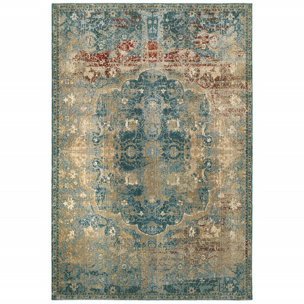 8’ x 11’ Sand and Blue Distressed  Indoor Area Rug