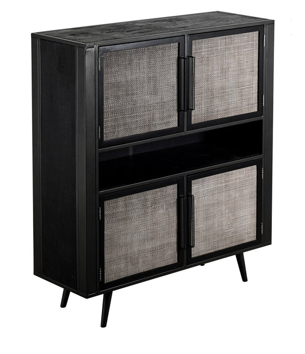 Modern Rustic Black Rattan Double Decker Accent Cabinet