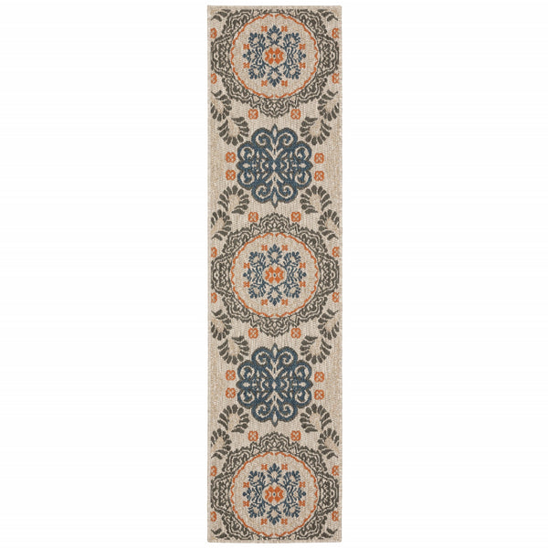 8' Grey Blue  Floral Indoor Outdoor Runner Rug