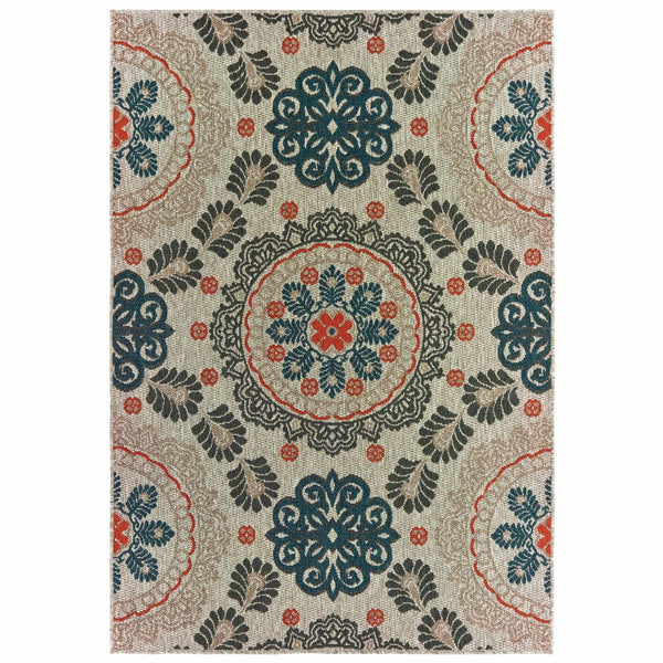 7' x 10' Grey Blue Floral Indoor Outdoor Area Rug