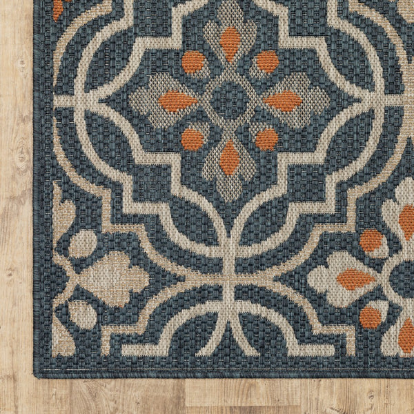 5' x 7' Blue Orange Floral Lattice Indoor Outdoor Area Rug