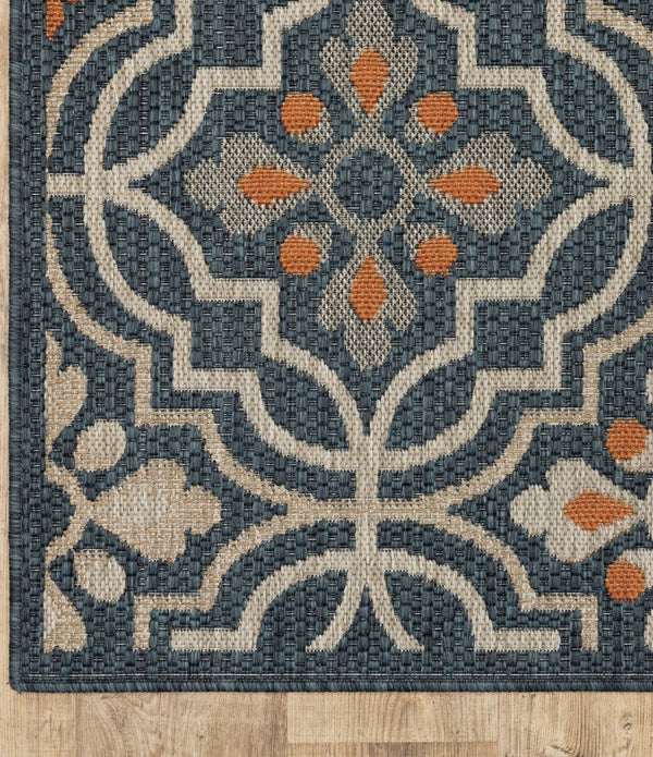 5' x 7' Blue Orange Floral Lattice Indoor Outdoor Area Rug