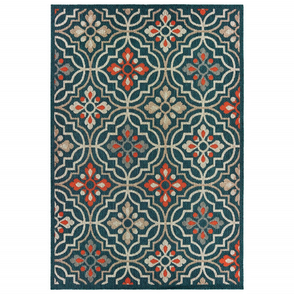 7' x 10' Blue Orange Floral Lattice Indoor Outdoor Area Rug