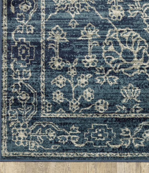 1' x 3' Navy Beige Machine Woven Oriental Indoor Area Rug