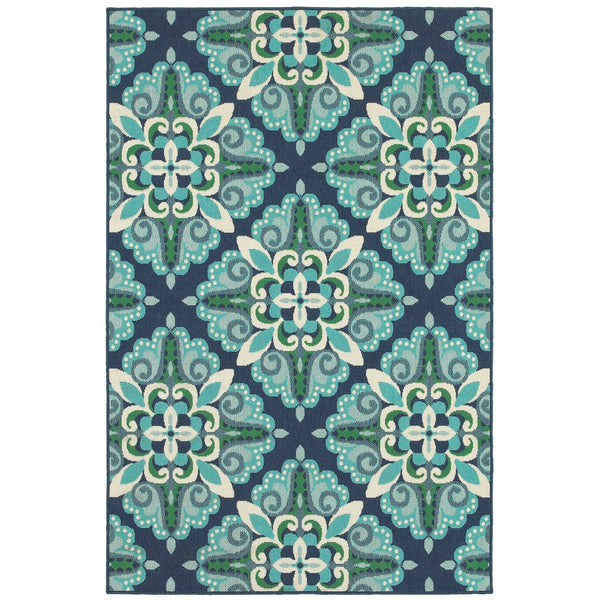 8’x11’ Blue and Green Floral Indoor Outdoor Area Rug