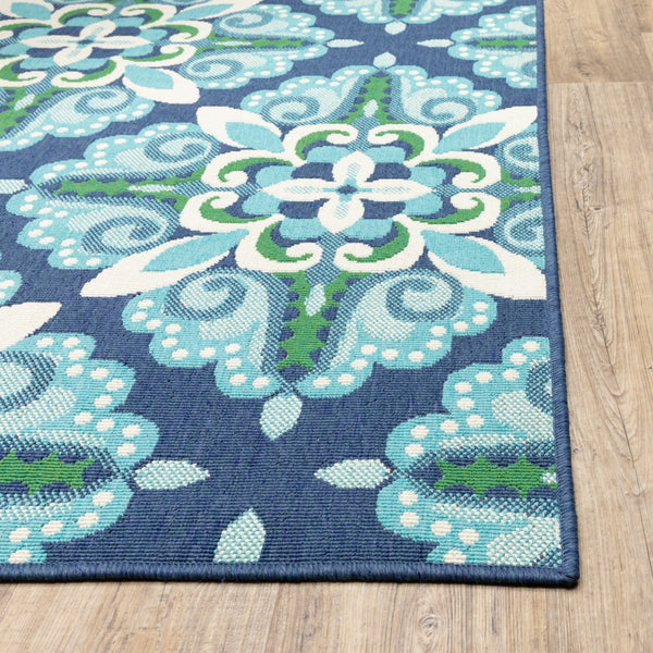 8’x11’ Blue and Green Floral Indoor Outdoor Area Rug