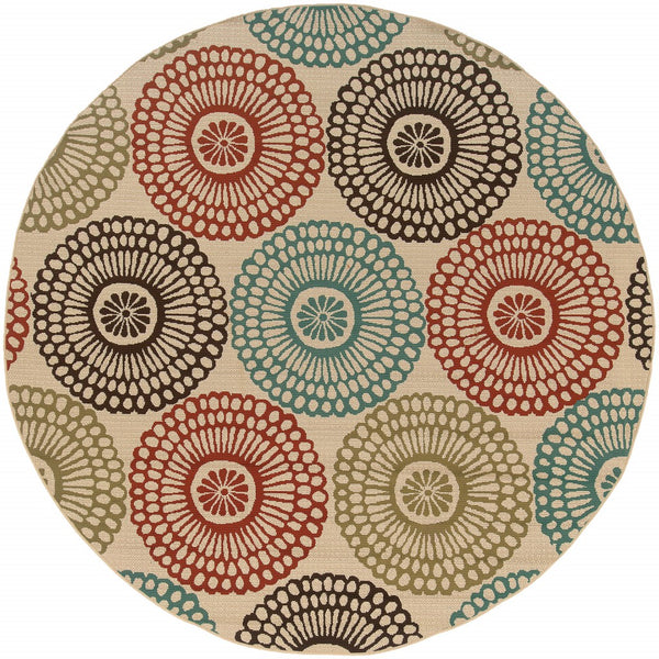 8’ Round Beige and Blue Medallion Indoor Outdoor Area Rug