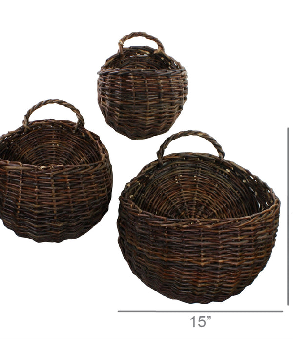 Set of 3 Rustic Brown Willow Wall Baskets