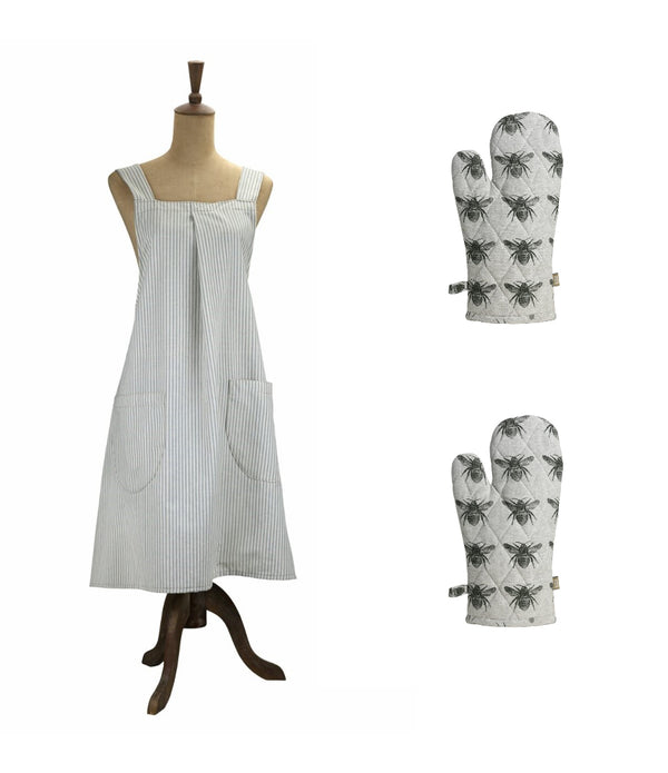 Pale Green Striped Apron and Oven Gloves Three Piece Set