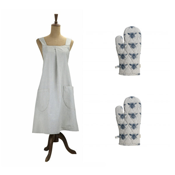 Set of Periwinkle Striped Apron and Oven Gloves