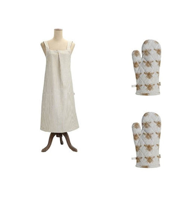 Set of Yellow Striped Apron and Oven Gloves