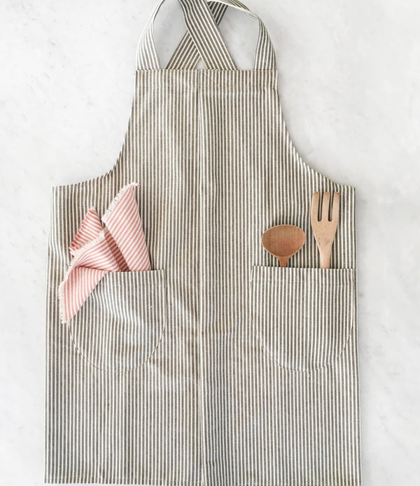 Set of Green Striped Apron and Oven Gloves