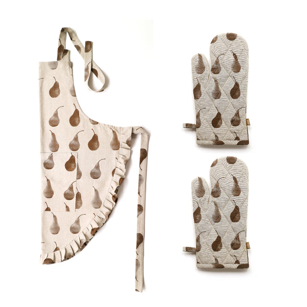 Set of Light Brown Pear Patterned Apron with Oven Gloves