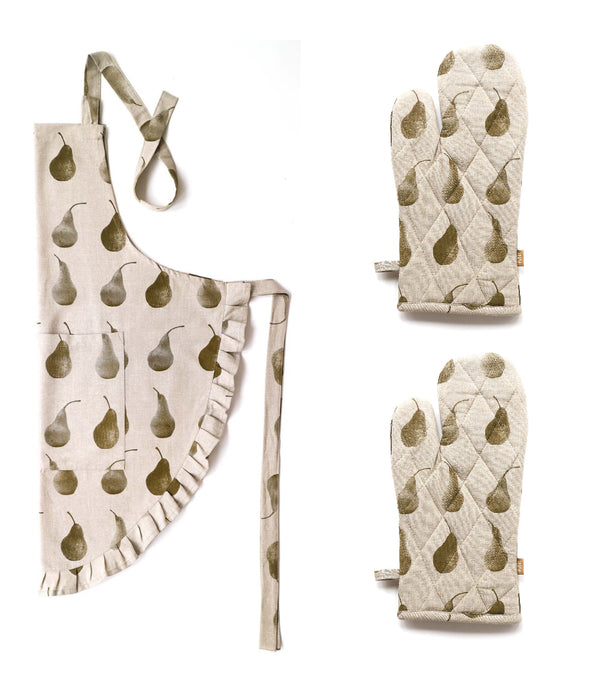 Set of Olive Green Pear Patterned Apron with Oven Gloves