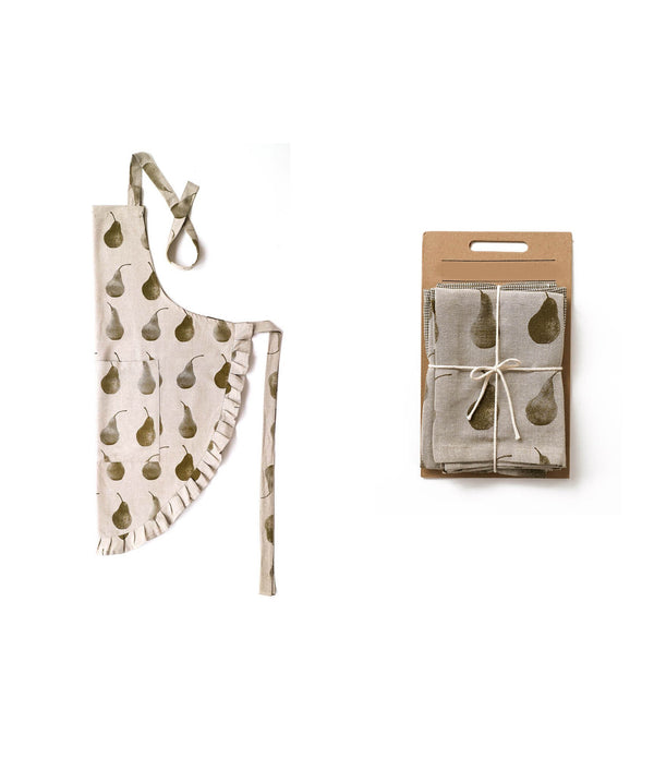 Set of Dark Green Pear Patterned Apron with Matching Tea Towels