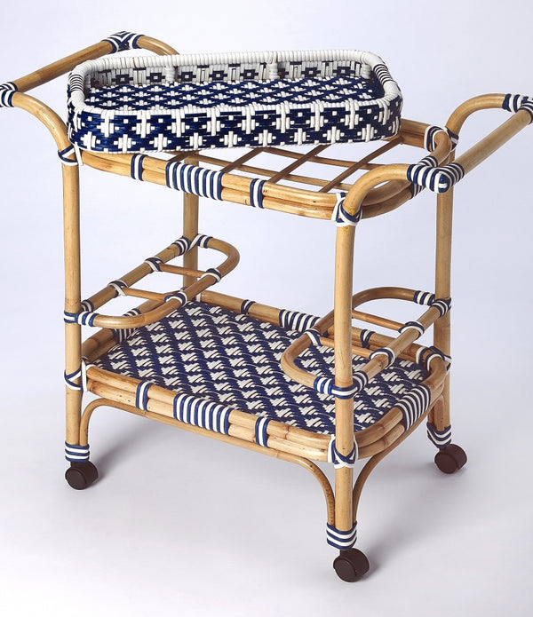 Blue and White Rattan Bar Cart