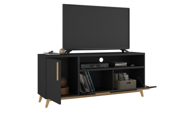 Modern Black and Natural Long Door TV Stand