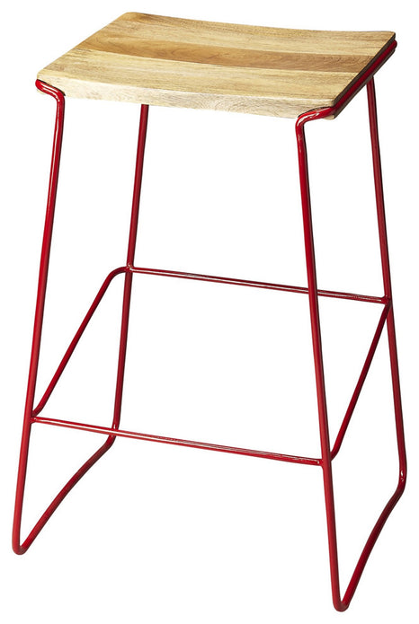 Wood and Red Metal Bar Stool