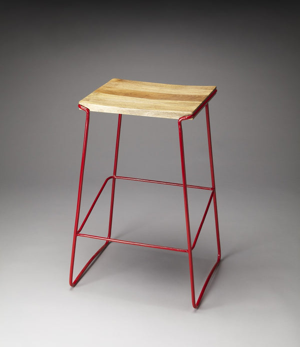 Wood and Red Metal Bar Stool