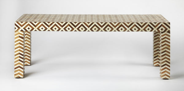 Geo and Chevron Teak and Bone Inlay Bench