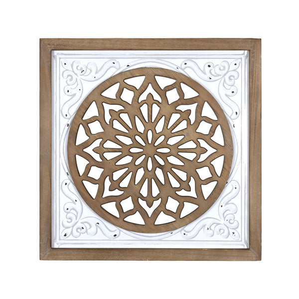 White Ethnic Wood and Metal Square Wall Plaque