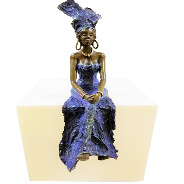 Vintage Bronze West African Blue Dress Woman Sculpture