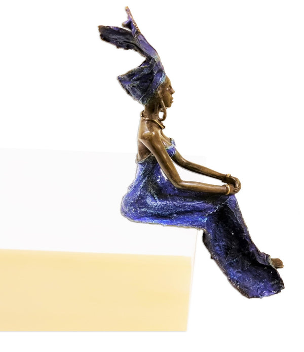 Vintage Bronze West African Blue Dress Woman Sculpture