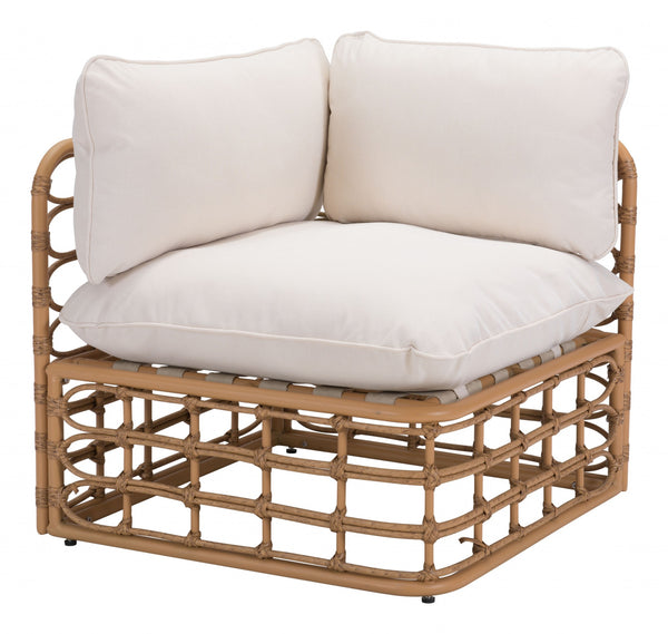 Beige and White Cane Corner Chair