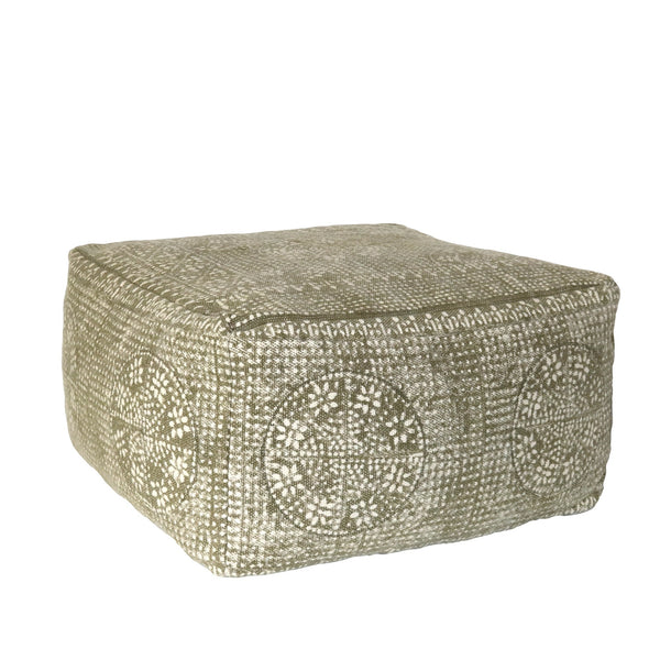 Olive Green Patterned Square Pouf