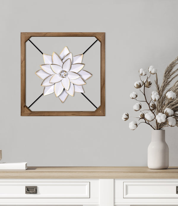 Wood Framed White Metal Flower Wall Décor