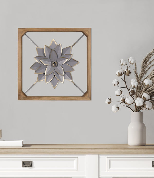 Wood Framed Gray Metal Flower Wall Décor